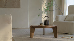 kiyo coffee table, round tea table, solid wood wabi sabi furniture, japanese minimalist furniture, zen table, handcrafted wooden table, low table, piexlculpt studio, natural oak coffee table, modern wabi sabi decor