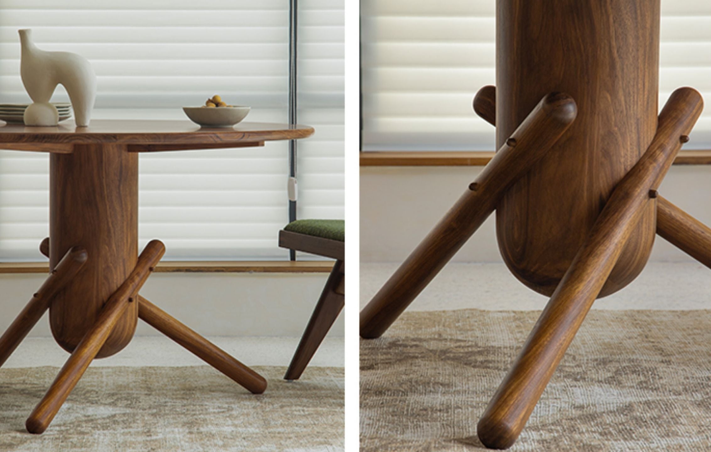 jester round dining table, sculptural dining table, solid wood table, wabi sabi furniture, piexlculpt studio, japanese minimalist furniture, mid century modern table, small space dining, handcrafted wood table, round wooden dining table