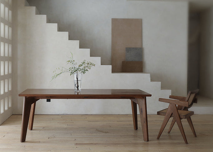 tomo dining table, solid wood dining table, japanese minimalist table, wabi sabi furniture, handcrafted wood table, zen furniture, piexlculpt studio, long oak table, rustic wooden dining table, modern japanese design