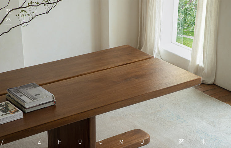 axis table, sculptural desk, solid wood desk, wood work table, modern minimalist furniture, handcrafted furniture, piexlculpt studio, wooden display table, long wooden table, wabi sabi furniture