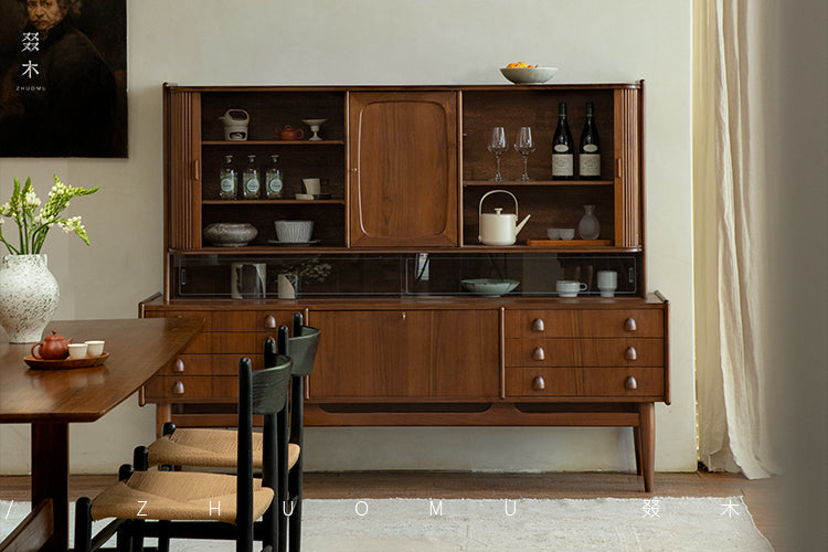 mid century teak sideboard, tambour door cabinet, solid wood credenza, handcrafted teak furniture, mcm buffet, designer teak cabinet, vintage teak sideboard, roll door wood cabinet, handmade solid wood furniture