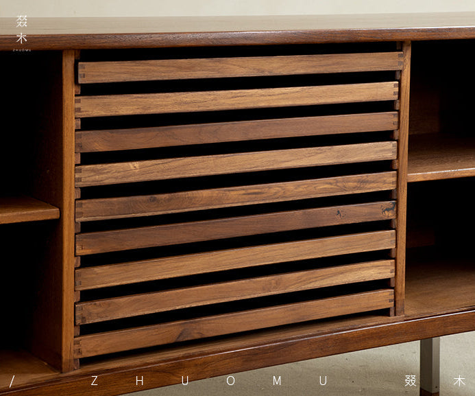 tambour sideboard, teak media console, mid century teak cabinet, teak sideboard, roll door cabinet, danish modern furniture, handcrafted wood furniture, teak buffet cabinet, piexl sculpt studio