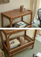 rattan console table, rattan side table, double tier rattan shelf, handwoven rattan furniture, natural rattan table, bohemian console, wabi-sabi decor, handmade rattan console, bamboo rattan furniture,