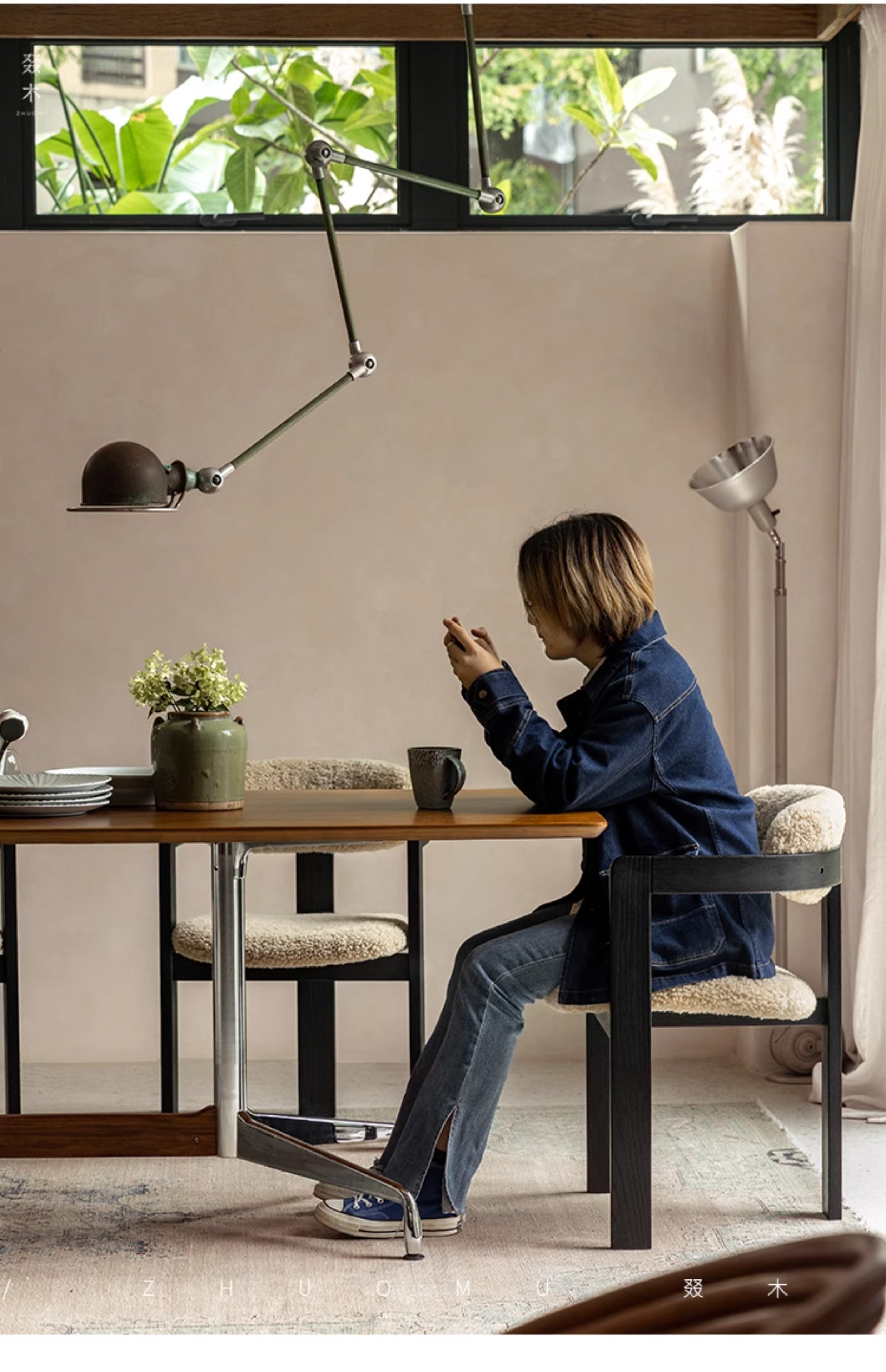 eiri dining table, solid wood dining table, metal frame table, japanese minimalist furniture, modern wabi sabi furniture, handcrafted long table, piexlculpt studio, scandinavian japanese design, solid wood work desk