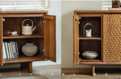 ripple wood cabinet, teak sideboard, solid wood buffet, handcrafted teak furniture, textured wood cabinet, artisan carved sideboard, wabi-sabi furniture, boho wood furniture, japanese scandi teak, handmade wooden buffet