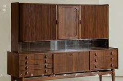 mid century teak sideboard, tambour door cabinet, solid wood credenza, handcrafted teak furniture, mcm buffet, designer teak cabinet, vintage teak sideboard, roll door wood cabinet, handmade solid wood furniture