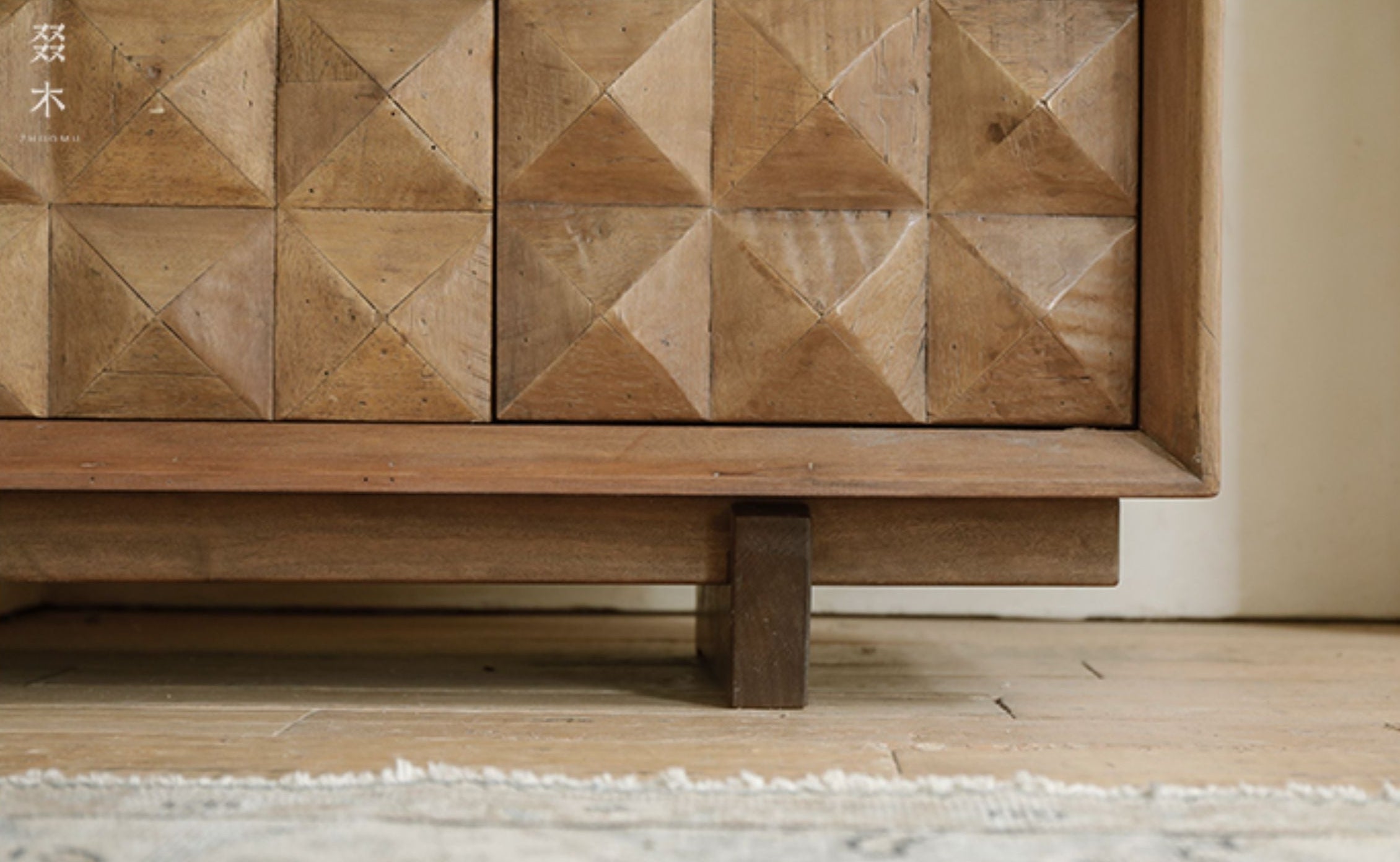 carved wood sideboard, solid wood cabinet, geometric furniture, handcrafted buffet, artisan storage cabinet, minimalist wood furniture, wabi-sabi sideboard, boho home furniture, modern natural wood cabinet