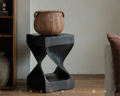 twist side table, sculptural wood stool, solid wood side table, carbon black furniture, wabi sabi furniture, minimalist furniture, piexlculpt studio, wooden pedestal table, organic design