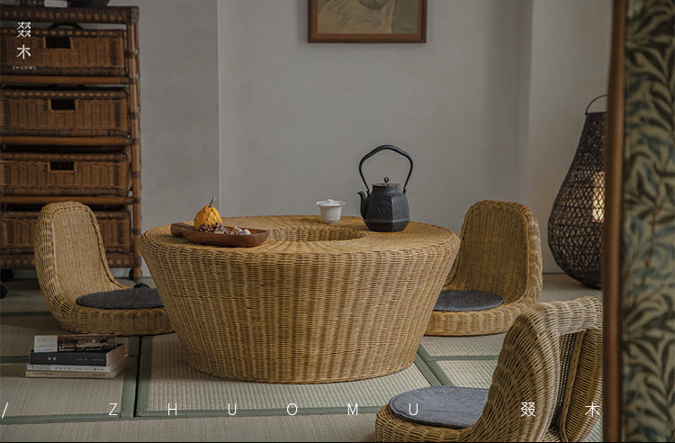 rattan tea set, rattan table and chairs, handwoven rattan furniture, round rattan table, bamboo tea table set, natural rattan decor, japanese tatami furniture, boho rattan furniture, artisan rattan set
