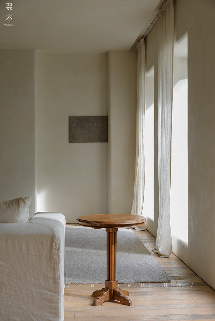 mori side table, solid wood end table, round side table, japanese minimalist furniture, wabi sabi furniture, handcrafted wood table, piexlculpt studio, zen furniture, wooden bedside table, natural oak side table