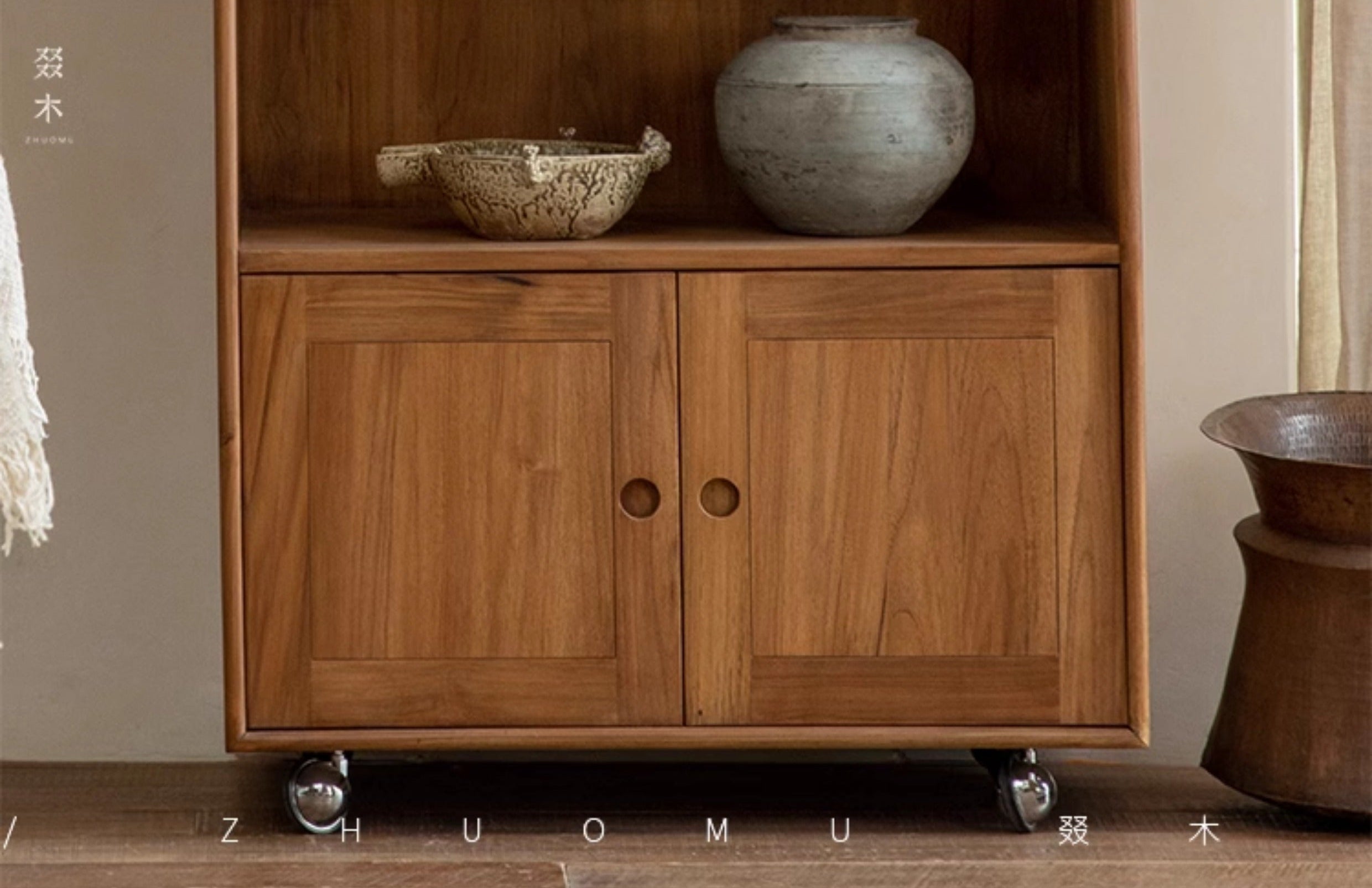 teak bookshelf, rolling cabinet, movable wood shelf, solid teak furniture, mid century furniture, teak storage cabinet, wooden bookshelf with wheels, handcrafted teak furniture, indonesian teak cabinet, piexlculpt studio