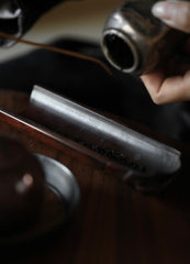 bamboo tea scoop, calligraphy tea scoop, engraved tea utensil, wooden tea accessory, handmade tea tools, gongfu tea ceremony, bamboo leaf holder, artisan tea ware, Piexlculpt Studio, wood engraving art