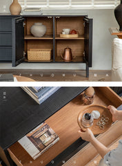 black wood furniture, carbonized sideboard, wabi sabi cabinet, handcrafted credenza, modern black buffet, carbonized teak, minimalist furniture, piexlculpt