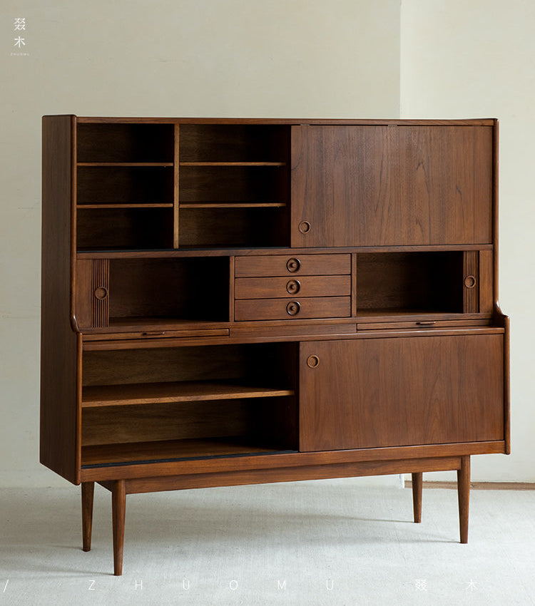 mid century teak sideboard, tambour door cabinet, teak credenza, handcrafted teak furniture, danish modern sideboard, mcm furniture, vintage teak cabinet, solid wood buffet, minimalist teak console