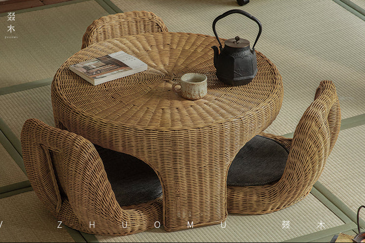 rattan tea set, rattan table and chairs, handwoven rattan furniture, round rattan table, bamboo tea table set, natural rattan decor, japanese tatami furniture, boho rattan furniture, artisan rattan set