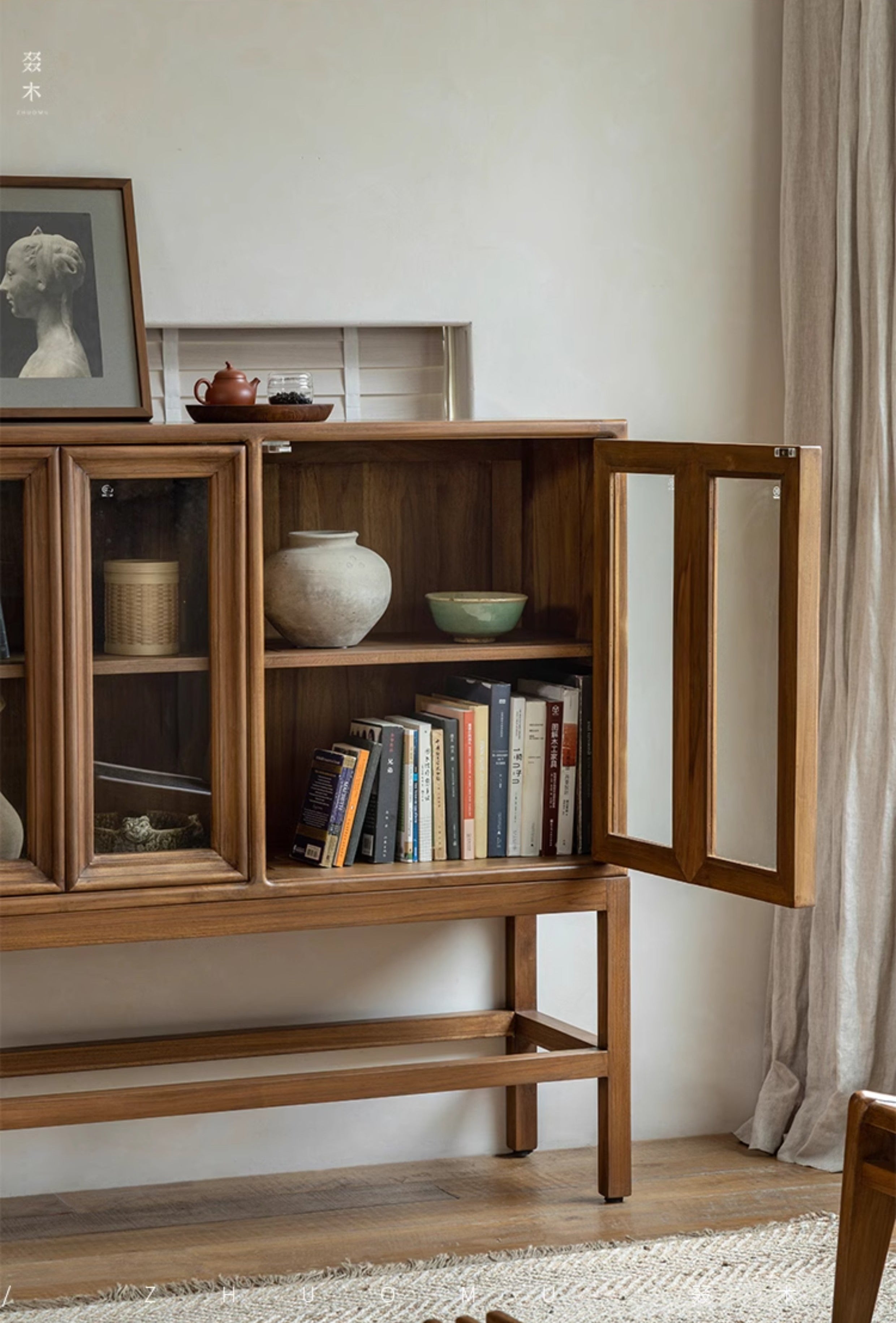 teak glass cabinet, high-leg display cabinet, solid wood showcase, handcrafted teak furniture, artisan wood cabinet, minimalist glass cabinet, wabi-sabi furniture, vintage teak display case, japanese scandi teak