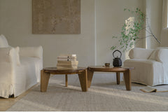 kiyo coffee table, round tea table, solid wood wabi sabi furniture, japanese minimalist furniture, zen table, handcrafted wooden table, low table, piexlculpt studio, natural oak coffee table, modern wabi sabi decor