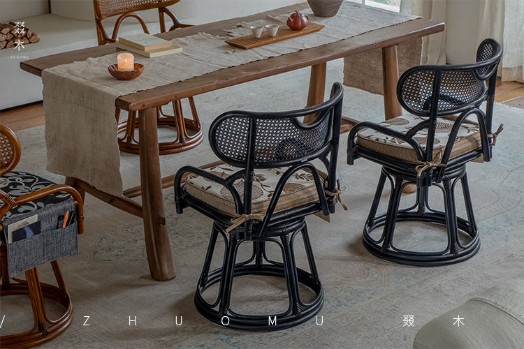 rattan swivel chair, handwoven rattan armchair, rotating rattan chair, vintage rattan seat, bamboo swivel chair, natural rattan furniture, handcrafted rattan lounge chair, tea room chair, dining rattan chair