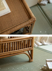 rattan console table, rattan side table, double tier rattan shelf, handwoven rattan furniture, natural rattan table, bohemian console, wabi-sabi decor, handmade rattan console, bamboo rattan furniture,