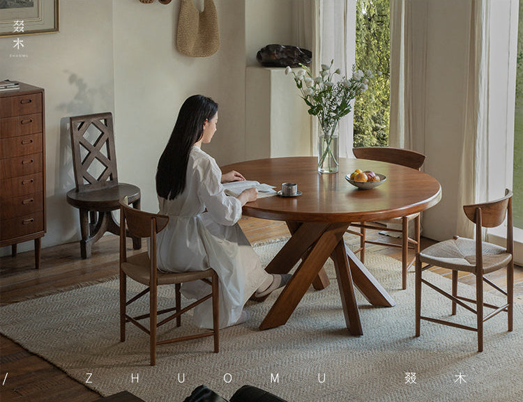 nami dining table, round teak table, solid wood table, wabi sabi furniture, japanese minimalist dining table, handcrafted round table, piexlculpt studio, zen furniture, french vintage design, teak dining table