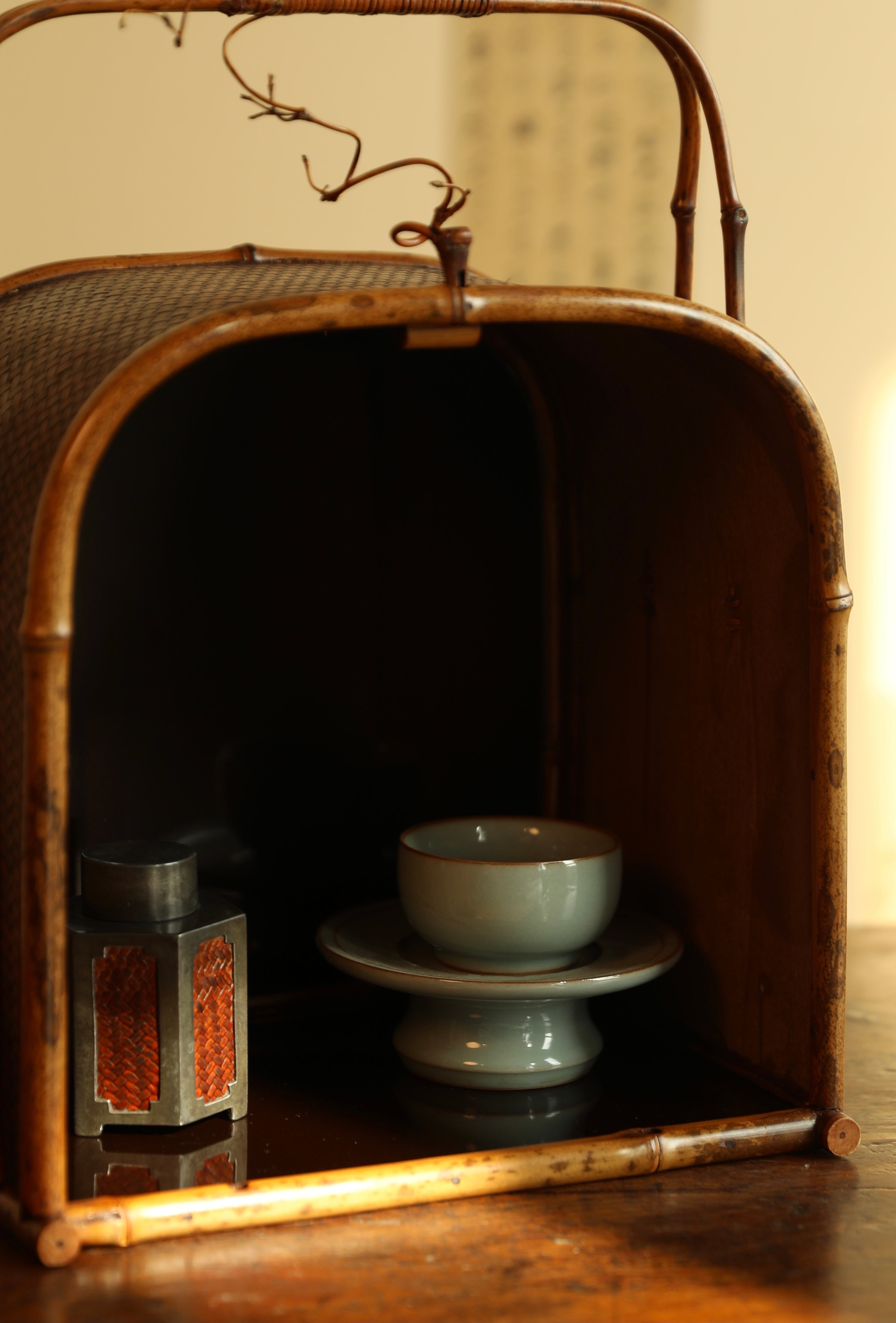 bamboo tea chest, handcrafted tea storage, bamboo tea cabinet, oriental tea furniture, wabi sabi tea chest, portable tea box, rattan bamboo chest, vintage tea organizer, bamboo tea accessories, Piexlculpt tea furniture