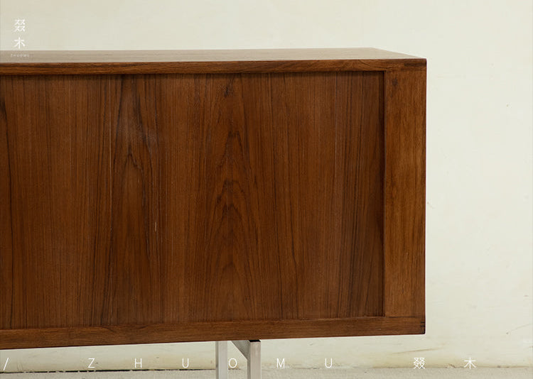tambour sideboard, teak media console, mid century teak cabinet, teak sideboard, roll door cabinet, danish modern furniture, handcrafted wood furniture, teak buffet cabinet, piexl sculpt studio
