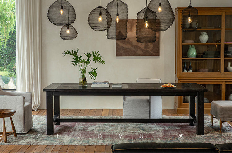 kaze dining table, solid teak table, large wood table, wabi sabi furniture, handcrafted wooden dining table, japanese minimalist table, piexlculpt studio, long teak table, zen furniture, natural wood conference table