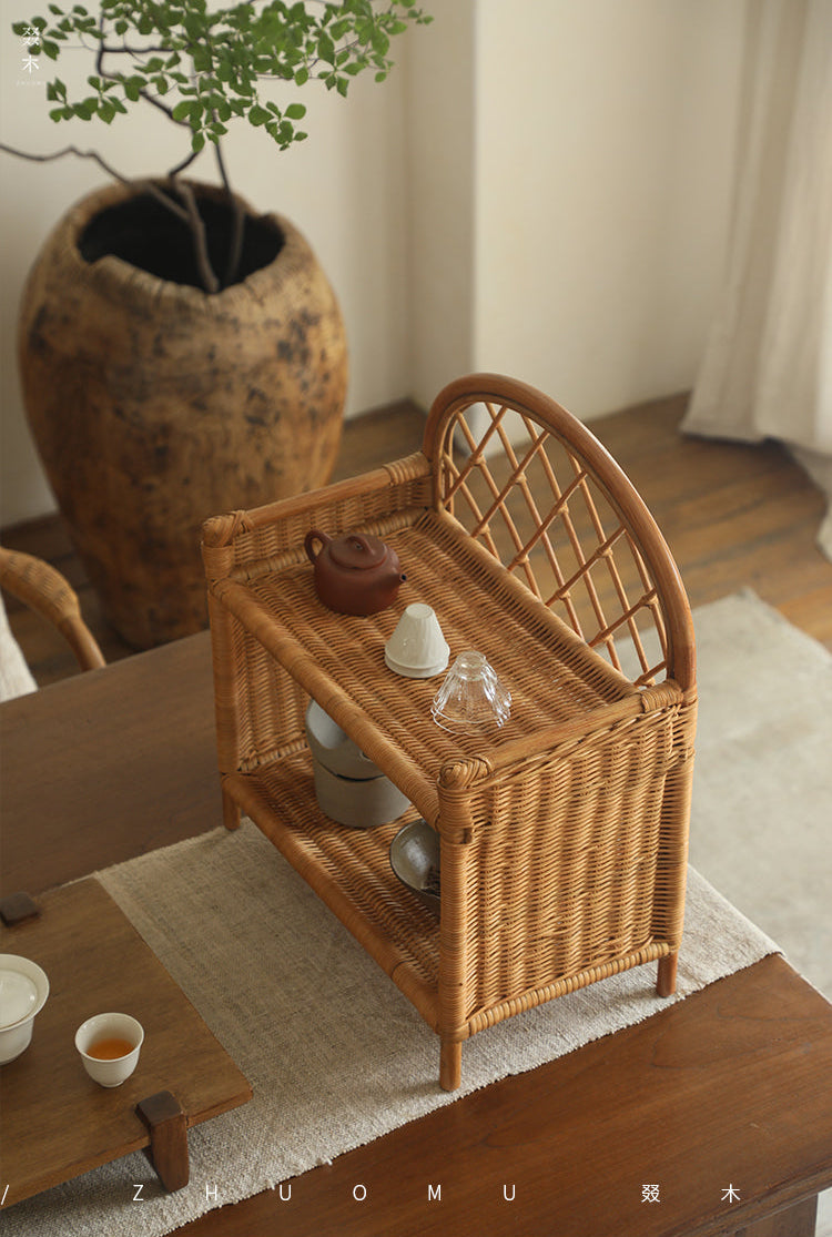 rattan shelf, rattan storage rack, handwoven rattan organizer, bamboo shelf, natural rattan furniture, double layer rack, vintage rattan decor, handcrafted rattan shelf, boho home organizer, artisan rattan storage