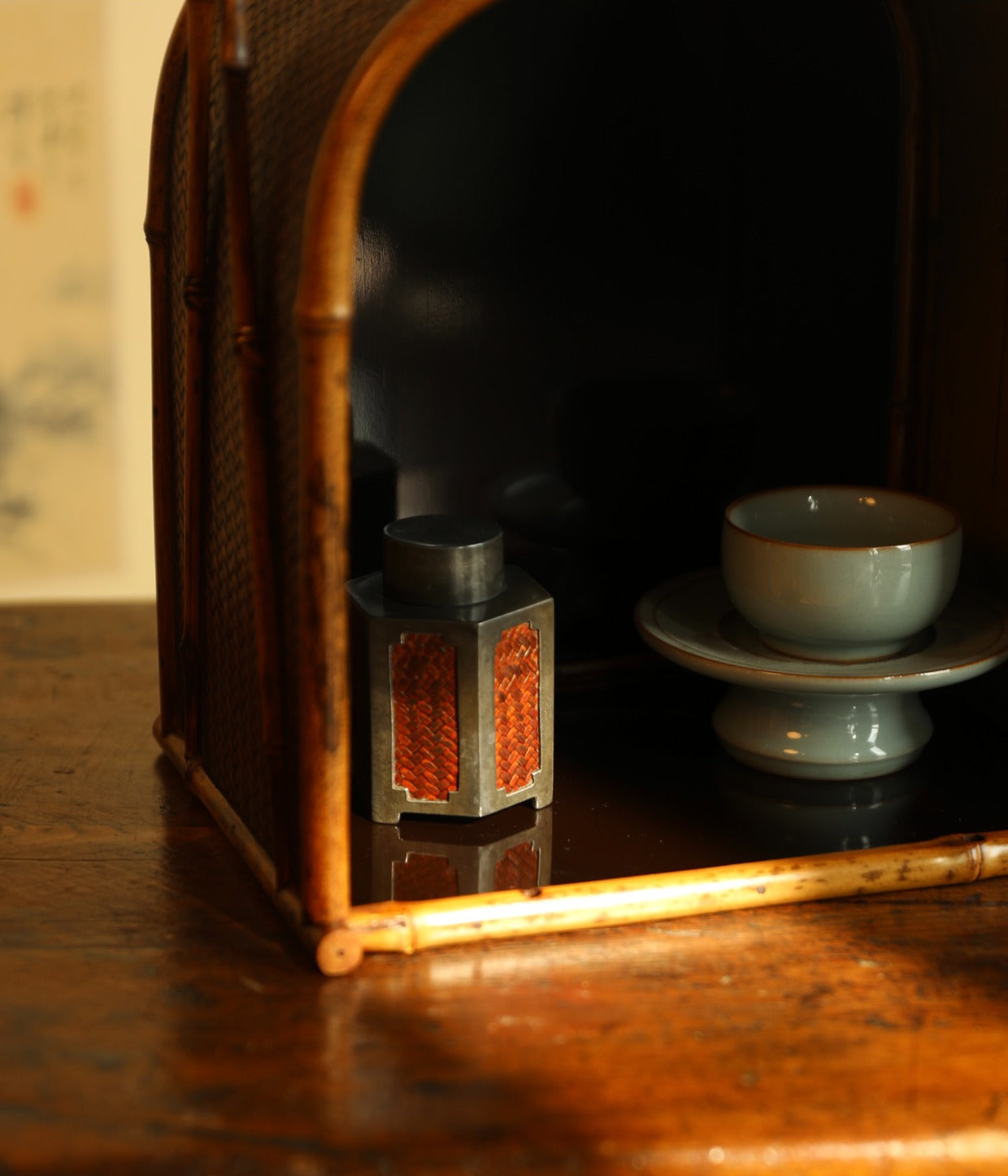 bamboo tea chest, handcrafted tea storage, bamboo tea cabinet, oriental tea furniture, wabi sabi tea chest, portable tea box, rattan bamboo chest, vintage tea organizer, bamboo tea accessories, Piexlculpt tea furniture