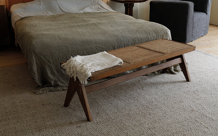 chandigarh bench, handwoven rattan bench, solid wood furniture, japanese minimalist bench, handcrafted wooden bench, entryway seating, sustainable rattan furniture, piexlculpt studio, wabi sabi bench