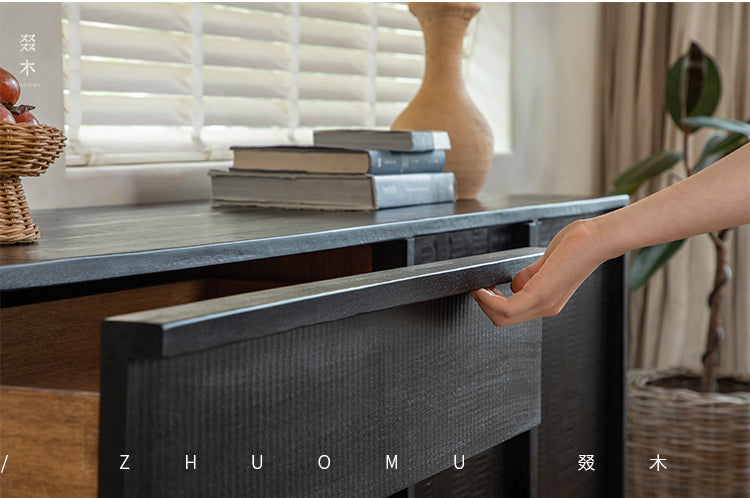 black wood furniture, carbonized sideboard, wabi sabi cabinet, handcrafted credenza, modern black buffet, carbonized teak, minimalist furniture, piexlculpt