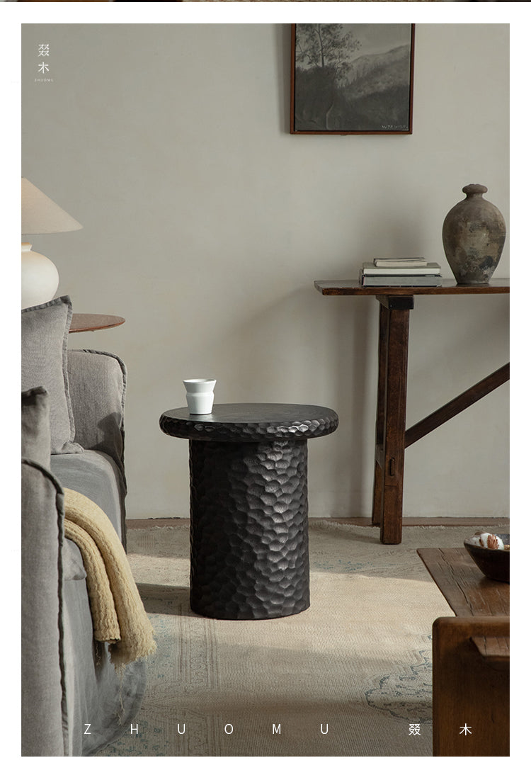 wood side table, solid wood accent table, hammered wood table, handmade wooden furniture, sculptural side table, rustic solid wood furniture, artisan carved table, textured wood decor, natural wood end table