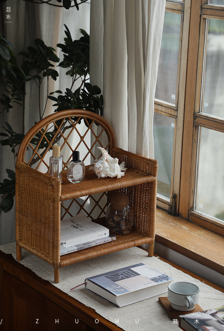 rattan shelf, rattan storage rack, handwoven rattan organizer, bamboo shelf, natural rattan furniture, double layer rack, vintage rattan decor, handcrafted rattan shelf, boho home organizer, artisan rattan storage