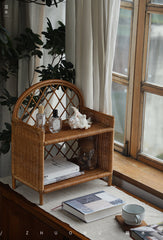 rattan shelf, rattan storage rack, handwoven rattan organizer, bamboo shelf, natural rattan furniture, double layer rack, vintage rattan decor, handcrafted rattan shelf, boho home organizer, artisan rattan storage