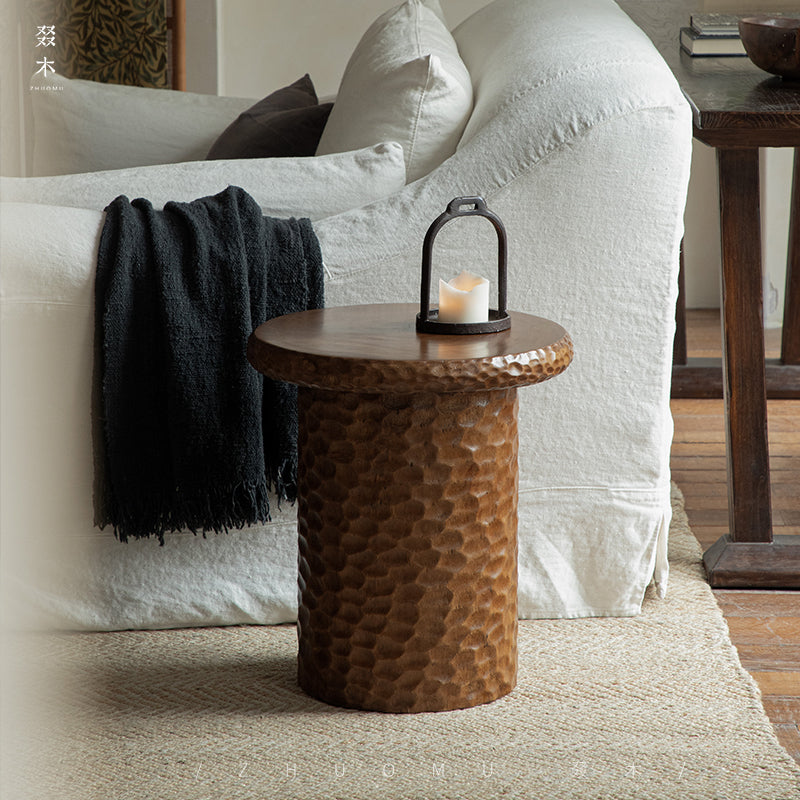 wood side table, solid wood accent table, hammered wood table, handmade wooden furniture, sculptural side table, rustic solid wood furniture, artisan carved table, textured wood decor, natural wood end table