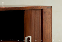 tambour sideboard, teak media console, mid century teak cabinet, teak sideboard, roll door cabinet, danish modern furniture, handcrafted wood furniture, teak buffet cabinet, piexl sculpt studio