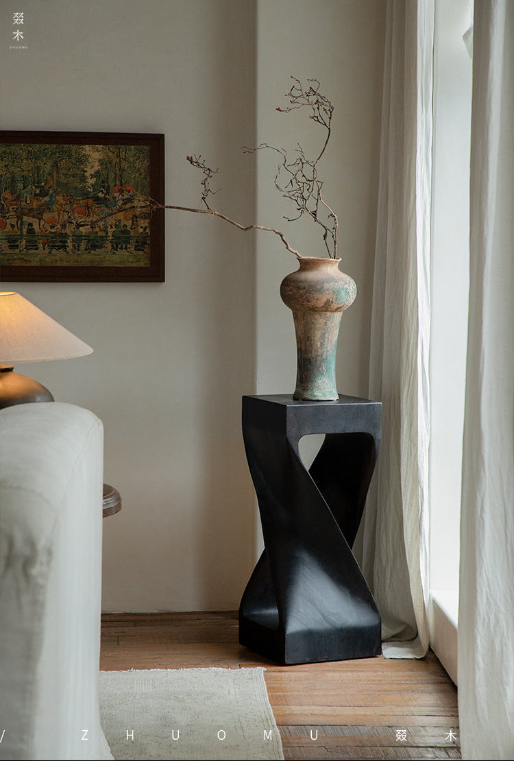 twist side table, sculptural wood stool, solid wood side table, carbon black furniture, wabi sabi furniture, minimalist furniture, piexlculpt studio, wooden pedestal table, organic design