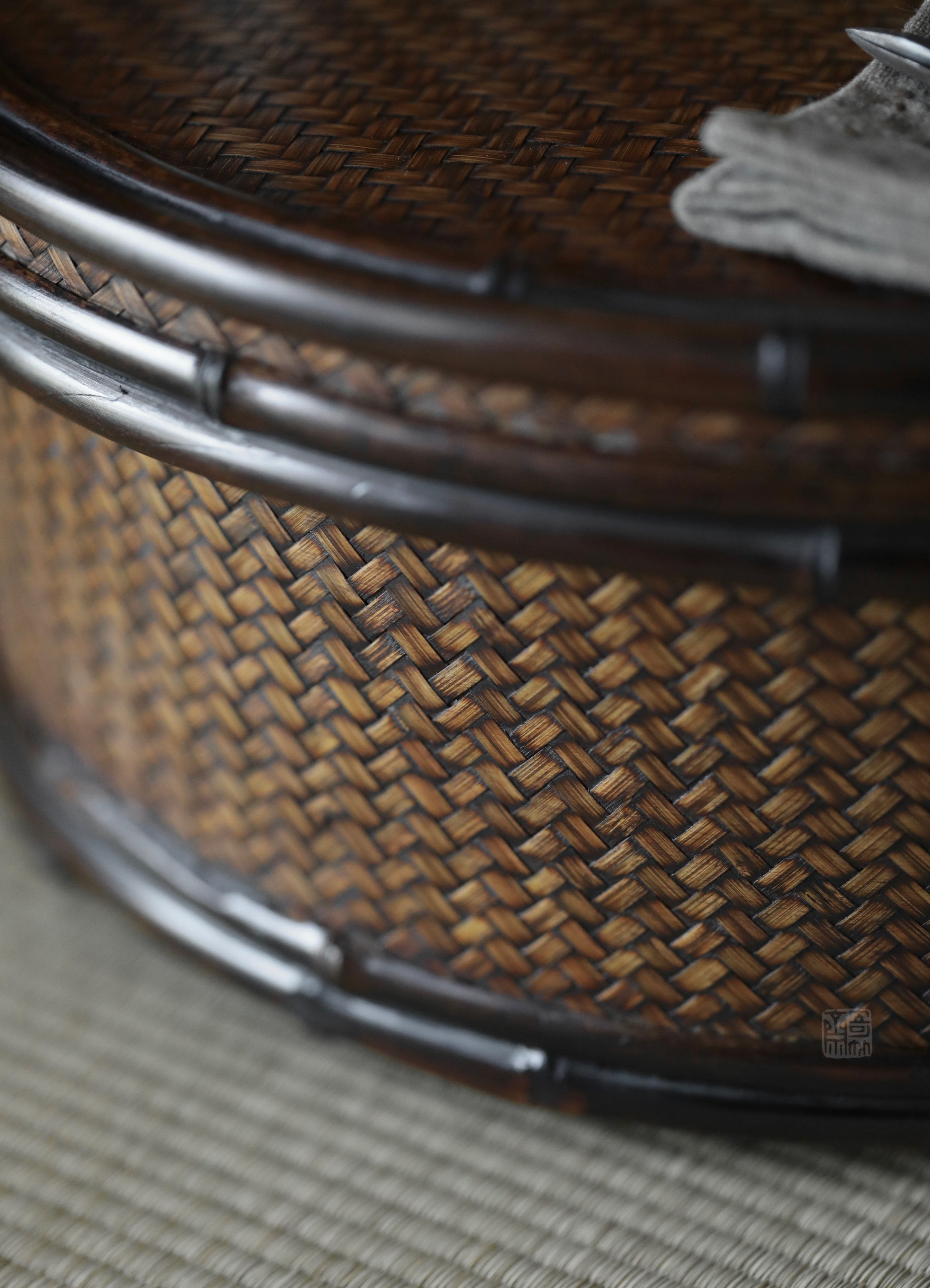 bamboo storage box, woven rattan box, tea accessories organizer, handcrafted bamboo box, purple bamboo decor, handmade tea tool box, wood engraving art, Piexlculpt Studio, natural home accessories