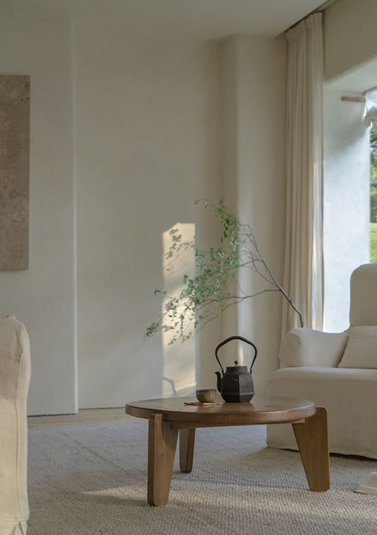 kiyo coffee table, round tea table, solid wood wabi sabi furniture, japanese minimalist furniture, zen table, handcrafted wooden table, low table, piexlculpt studio, natural oak coffee table, modern wabi sabi decor