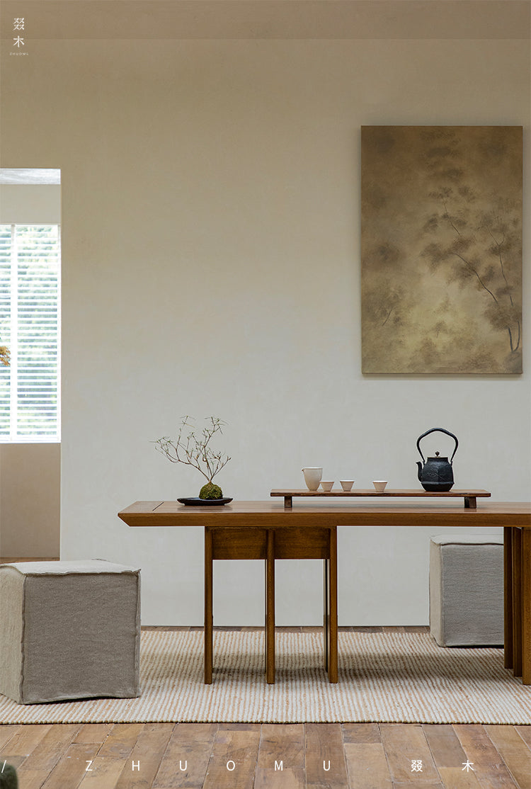 tsuba long table, solid wood conference table, japanese tea table, multi leg table, wabi sabi furniture, piexlculpt studio, handcrafted wood desk, sculptural furniture, minimalist oak table, zen design furniture