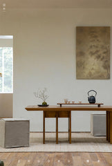 tsuba long table, solid wood conference table, japanese tea table, multi leg table, wabi sabi furniture, piexlculpt studio, handcrafted wood desk, sculptural furniture, minimalist oak table, zen design furniture