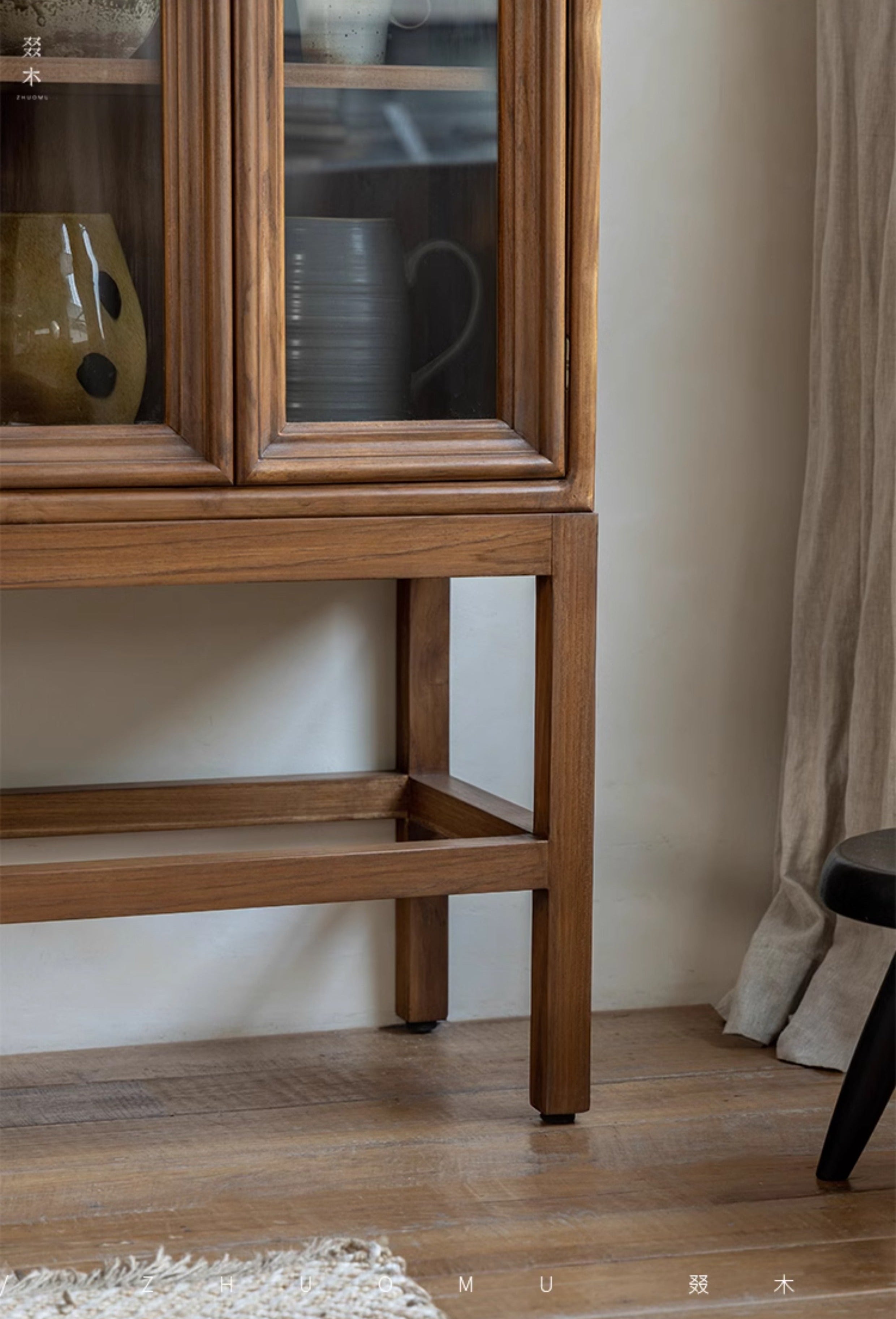 teak glass cabinet, high-leg display cabinet, solid wood showcase, handcrafted teak furniture, artisan wood cabinet, minimalist glass cabinet, wabi-sabi furniture, vintage teak display case, japanese scandi teak