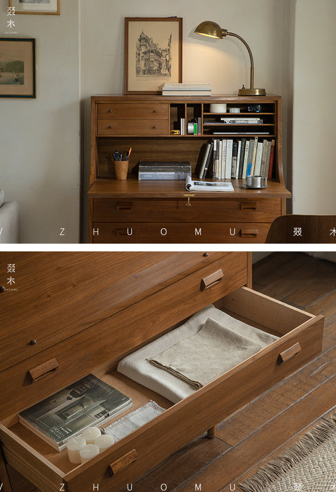 mid century secretary desk, teak writing cabinet, danish modern furniture, mcm teak desk, handcrafted wood furniture, vintage writing bureau, solid wood secretary desk, scandinavian teak furniture, minimalist wood desk