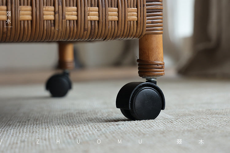 rattan trolley, rattan storage cart, handwoven rattan furniture, natural rattan shelf, bohemian home decor, rolling storage cart, handcrafted rattan organizer, rattan side cart