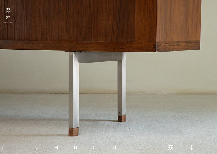 tambour sideboard, teak media console, mid century teak cabinet, teak sideboard, roll door cabinet, danish modern furniture, handcrafted wood furniture, teak buffet cabinet, piexl sculpt studio