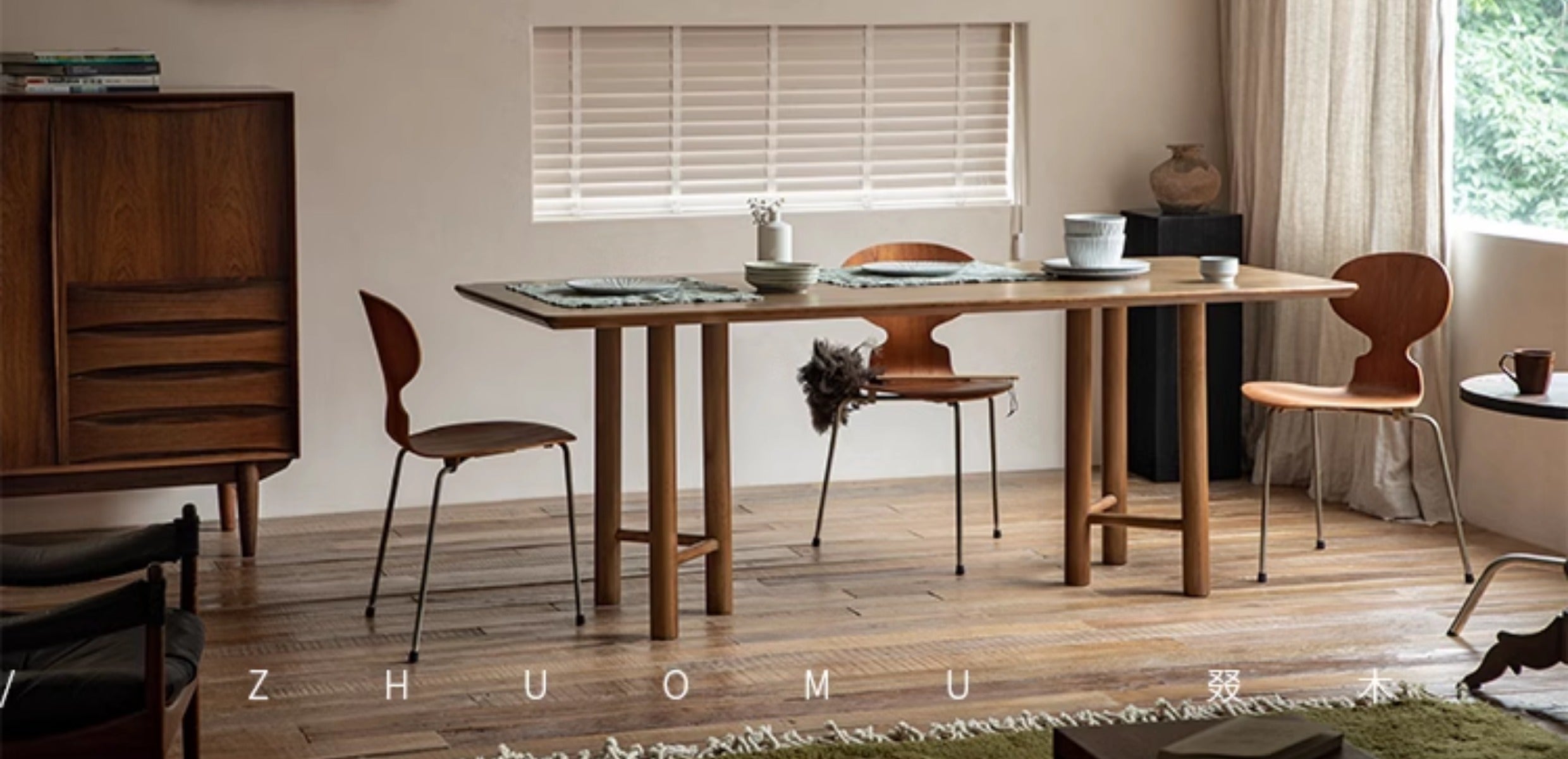 roku dining table, six leg dining table, sculptural wood table, solid wood work table, wabi sabi furniture, piexlculpt studio, japanese minimalist furniture, handcrafted oak table, solid wood rectangular table