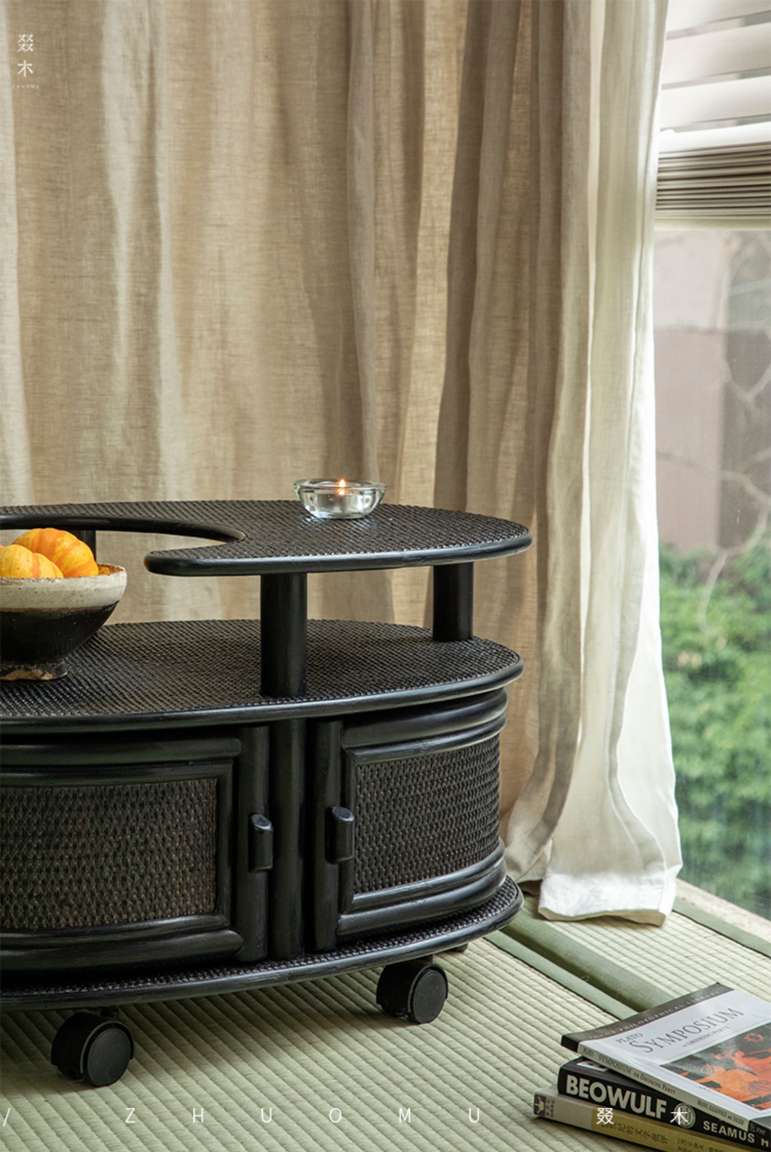 rattan tea table, rattan side table, rolling rattan cart, handwoven rattan furniture, vintage bamboo cart, natural rattan storage, bohemian furniture, artisan rattan table, living room tea cart, Japanese style rattan table