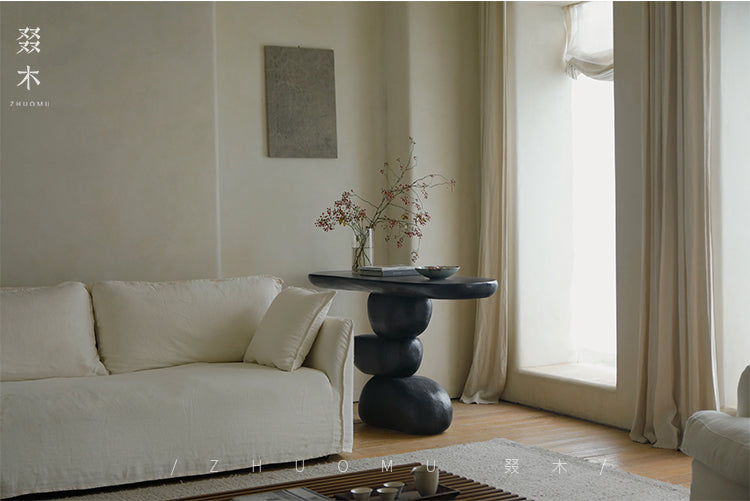 satori console table, sculptural wood table, wabi sabi furniture, zen furniture, piexlculpt studio, solid wood hallway table, organic wood design, handcrafted entry table, japanese minimalist furniture, wood sculpture furniture