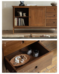 teak sideboard, sliding door buffet, solid wood cabinet, handcrafted teak furniture, minimalist dining storage, artisan wood furniture, wabi-sabi furniture, modern teak buffet, handmade solid wood sideboard