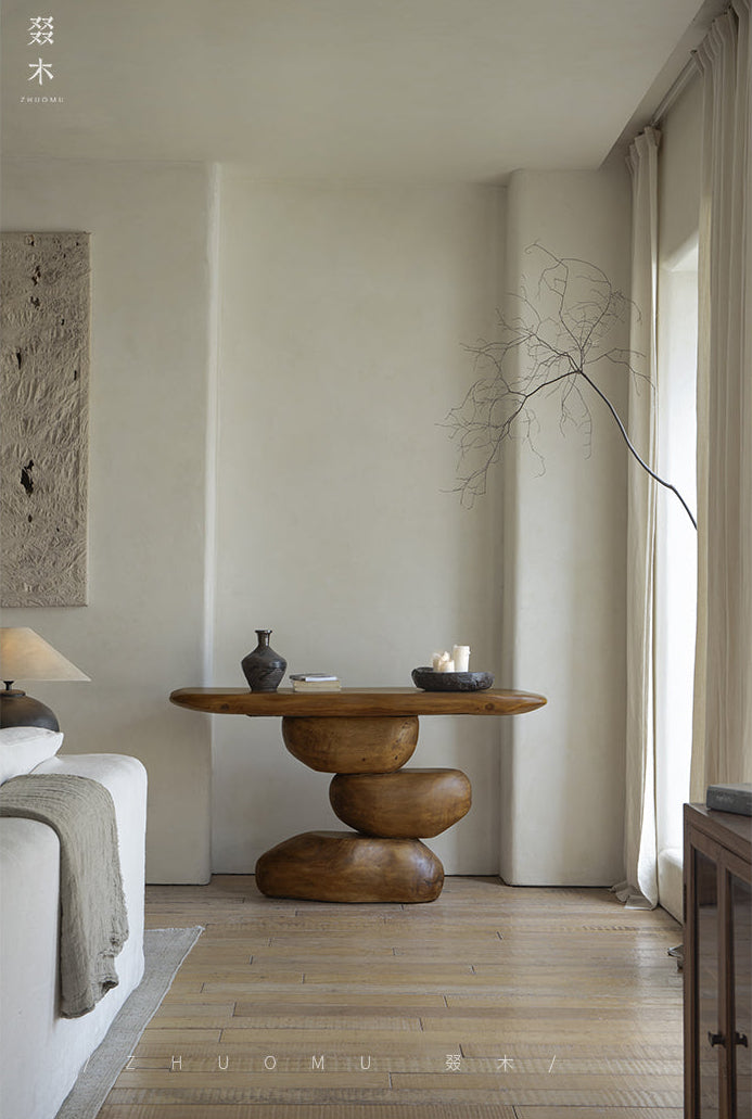 satori console table, sculptural wood table, wabi sabi furniture, zen furniture, piexlculpt studio, solid wood hallway table, organic wood design, handcrafted entry table, japanese minimalist furniture, wood sculpture furniture